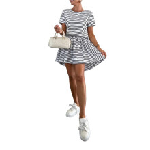 Womens Striped Summer Dresses 2025 Crewneck Short Sleeve Color Block Casual A Tshirt Dress Black S