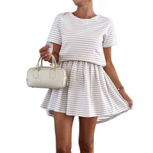 Womens Striped Summer Dresses 2025 Crewneck Short Sleeve Color Block Casual A Tshirt Dress Apricot M