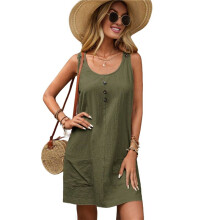 Summer Dress for Women Sleeveless Tank Dress with Pockets Casual Short A Dress Crewneck Sundress Military Green L