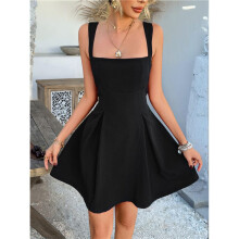 Vestito Corto Svasato Senza Maniche con Scollo Quadrato da Donna, Stile A, per Feste e Club Nero L