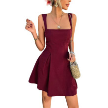 Vestito Corto Svasato Senza Maniche con Scollo Quadrato da Donna, Stile A, per Feste e Club Vino Rosso S