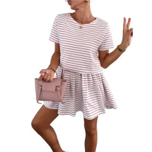 Womens Striped Summer Dresses 2025 Crewneck Short Sleeve Color Block Casual A Tshirt Dress XL