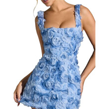 Vestido Feminino de Verão 2025 com Estampa Floral 3D, Sem Mangas, Moda Festa, Vestido Curto, Coquetel Azul-Celeste XL
