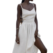 Women'S 2025 Summer Maxi Dress V Neck Spaghetti Strap Dress Backless Sleeveless Casual Party Beach Dresses White M