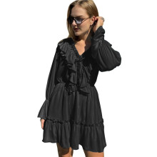 Womens V Neck Casual Long Sleeve Dresses Summer Loose High Waist Ruffle Pleated Cute Short Dress Black S