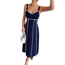 Women'S Striped Maxi Dress Spaghetti Strap Cut Out Flowy Long Dress Navy M