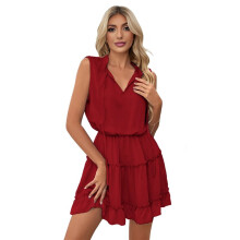 Womens Spring Summer 2025 Sleeveless Split V Neck Ruffle Chiffon Elegant Short Skirt Dresses Claret S