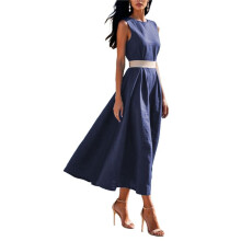 Women'S Vintage Summer Dress Loose Fit Sleeveless Maxi Dress O-Neck Solid Color Long Sundress Dark XXL