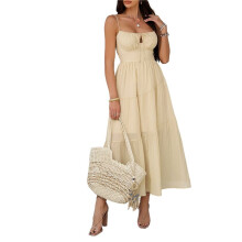 Kobiety Casual Summer Maxi Sundress Spaghetti Strap Muszka Zwiewna Boho Plaża Długa Sukienka 2025 Żółty L