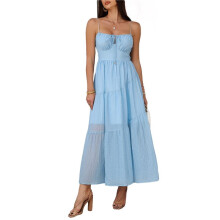 Kobiety Casual Summer Maxi Sundress Spaghetti Strap Muszka Zwiewna Boho Plaża Długa Sukienka 2025 Niebieski XL