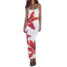 Damska Sukienka Maxi z Kwiatowym Wzorem Lato 2025 Spaghetti Strap Slip Bodycon Mesh Beach Vacation Dresses Biały L