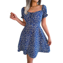 Vestido Curto Feminino de Verão com Cordão, Decote Coração, Manga Bufante e Corte A Azul-Marinho M