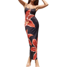Damska Sukienka Maxi z Kwiatowym Wzorem Lato 2025 Spaghetti Strap Slip Bodycon Mesh Beach Vacation Dresses Czarny L