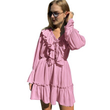 Womens V Neck Casual Long Sleeve Dresses Summer Loose High Waist Ruffle Pleated Cute Short Dress L