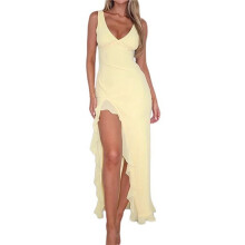 Vestido Feminino com Decote em V, Sem Mangas, de Malha, com Babados, Justo, Longo, Casual, Sem Costas, com Fenda Alta, para Coquetel Amarelo M