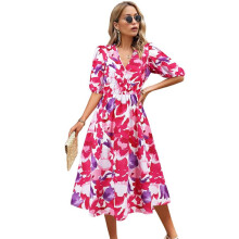 Women'S V Neck Floral Dress Summer 2025 Trendy Pleated Boho Flowy Puff Sleeve Maxi Dress XXL
