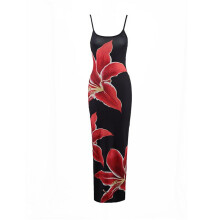 Damska Sukienka Maxi z Kwiatowym Wzorem Lato 2025 Spaghetti Strap Slip Bodycon Mesh Beach Vacation Dresses Czarny M