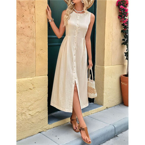 Women'S Crew Neck Solid Color Sleeveless Button Down Boho Dress Beige XL 1