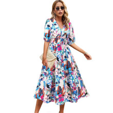 Damska Sukienka z Dekoltem w Serek i Kwiatami na Lato 2025 R. Modna Plisowana Sukienka Maxi w Stylu Boho z Bufiastymi Rękawami Niebiesko-Różowy XL