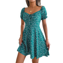 Vestido Curto Feminino de Verão com Cordão, Decote Coração, Manga Bufante e Corte A Verde XL