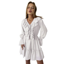 Womens V Neck Casual Long Sleeve Dresses Summer Loose High Waist Ruffle Pleated Cute Short Dress White S