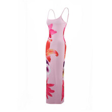 Damska Sukienka Maxi z Kwiatowym Wzorem Lato 2025 Spaghetti Strap Slip Bodycon Mesh Beach Vacation Dresses Różowy S