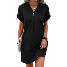 Summer Dresses for Women 2025 Casual Button V Neck Short Sleeve Tunics A Ribbed T Shirt Dress Black M