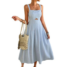 Womens Tie Front Button Down A- Dresses Summer Spaghetti Strap Midi Dress Floral Prints L