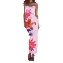 Damska Sukienka Maxi z Kwiatowym Wzorem Lato 2025 Spaghetti Strap Slip Bodycon Mesh Beach Vacation Dresses Różowy M