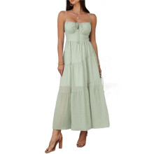 Kobiety Casual Summer Maxi Sundress Spaghetti Strap Muszka Zwiewna Boho Plaża Długa Sukienka 2025 Zielony S