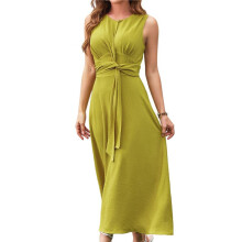 Womens Summer Casual Sleeveless T Shirt Midi Dress Slim Fit Tie Waist Tank Long Dresses 2025 Vacation Sundress Yellow L