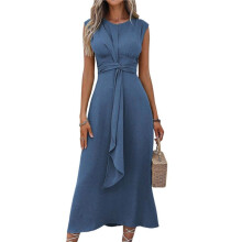 Womens Summer Casual Sleeveless T Shirt Midi Dress Slim Fit Tie Waist Tank Long Dresses 2025 Haze M