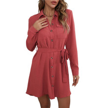 Women'S Long Sleeve Button Down Shirt Dress Casual Loose Tie Waist Adjustable Sleeve Length Dresses Mahogany S