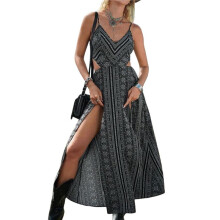 Women'S Summer Dress Tie Back V Neck Floral Maxi Tropical Long Beach Vacation Side Slit Black M