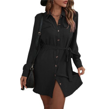 Women'S Long Sleeve Button Down Shirt Dress Casual Loose Tie Waist Adjustable Sleeve Length Dresses Black L