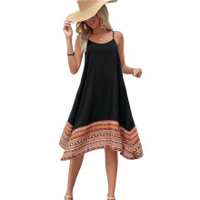 Vestido Longo Feminino Estilo Boho com Blocos de Cores e Alças Finas Estilo Havaiano Preto M