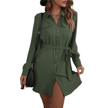 Women'S Long Sleeve Button Down Shirt Dress Casual Loose Tie Waist Adjustable Sleeve Length Dresses Green S