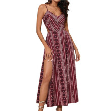 Women'S Summer Dress Tie Back V Neck Floral Maxi Tropical Long Beach Vacation Side Slit Wine Red XXL