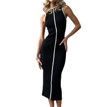 Vestido Camiseta Sem Mangas Feminino, Verão, com Pontos Contrastantes, Malha, Vestidos Longos Preto S