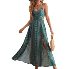 Women'S Summer Dress Tie Back V Neck Floral Maxi Tropical Long Beach Vacation Side Slit Green XXL