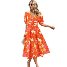 Women'S V Neck Floral Dress Summer 2025 Trendy Pleated Boho Flowy Puff Sleeve Maxi Dress Orange Color L