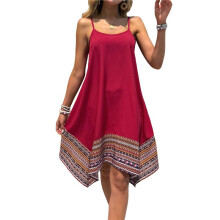 Vestido Longo Feminino Estilo Boho com Blocos de Cores e Alças Finas Estilo Havaiano Vermelho S