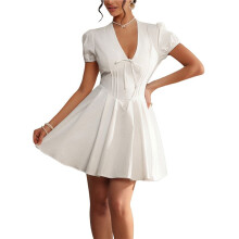 2025 Spring and Summer Women'S Dress, V Neck Puff Sleeves Elegant Bow-Knot Slim Fit Dress White L