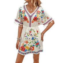 Fiesta Embroidered Mexican Dress for Women Size Short Sleeve Summer Boho Dresses with Pocket White XXL