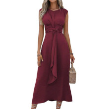 Womens Summer Casual Sleeveless T Shirt Midi Dress Slim Fit Tie Waist Tank Long Dresses 2025 Brown-Red M