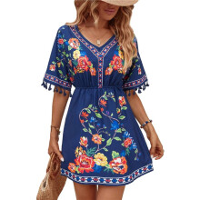 Fiesta Embroidered Mexican Dress for Women Beach Vacation Size Short Sleeve Summer Boho Dresses with Pocket XL