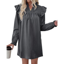 Women'S Long-Sleeved Dress with Loose Stand- Collar and Ruffled Stitching Dark Gray M