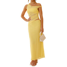 2 Piece Skirt Set for Women Summer Outfits Sleeveless Asymmetrical Mesh Tank Crop Top Maxi Long Skirts Yellow XL