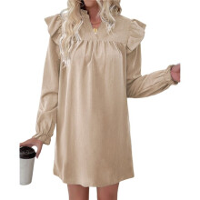 Women'S Long-Sleeved Dress with Loose Stand- Collar and Ruffled Stitching Apricot M