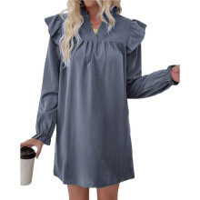 Women'S Long-Sleeved Dress with Loose Stand- Collar and Ruffled Stitching XL